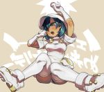  1girl aether_foundation_employee ass black_hair blush boots breasts brown_eyes dark_skin gloves hat mafuyu_hemp no_legwear open_mouth pokemon pokemon_(game) pokemon_sm saliva short_hair sitting solo teeth thigh-highs white_gloves white_legwear yawning 