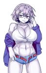  1girl abs adjusting_glasses alternate_hairstyle belt bespectacled breasts choker cleavage collarbone cowboy_shot crop_top denim denim_shorts earrings expressionless glasses gluteal_fold groin huge_breasts jacket jewelry lich_(monster_girl_encyclopedia) looking_at_viewer monster_girl_encyclopedia muscle muscular_female nav navel off_shoulder purple_hair short_hair short_shorts shorts solo unbuckled_belt unbuttoned violet_eyes white_choker white_skin 