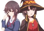  &gt;:) 2girls :d brown_eyes brown_hair choker collar cosplay costume_switch crossover eneo eyebrows_visible_through_hair hair_over_shoulder hat katou_megumi katou_megumi_(cosplay) kono_subarashii_sekai_ni_shukufuku_wo! long_hair looking_at_viewer megumin megumin_(cosplay) multiple_girls namesake open_mouth red_eyes saenai_heroine_no_sodatekata school_uniform serafuku short_hair smile upper_body white_background witch_hat 