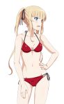  1girl bikini blonde_hair blue_eyes blue_ribbon breasts contrapposto dimples_of_venus fang gluteal_fold hair_ribbon hand_on_hip highres long_hair looking_to_the_side medium_breasts red_bikini ribbon saenai_heroine_no_sodatekata sawamura_spencer_eriri side-tie_bikini simple_background solo swimsuit trg_(pixiv) twintails white_background 