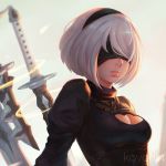  1girl artist_name breasts cleavage cleavage_cutout hair_over_eyes koyorin mole mole_under_mouth nier_(series) nier_automata short_hair solo sword weapon white_hair yorha_no._2_type_b 