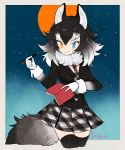  1girl animal_ears artist_name beige_border black_border black_hair black_jacket black_legwear blazer blue_eyes border breasts buttons collar cowboy_shot eyelashes fang full_moon fur_collar gloves gradient_clothes gradient_hair gradient_sky grey_wolf_(kemono_friends) hair_between_eyes heterochromia holding holding_pen jacket kemono_friends l_hakase long_sleeves looking_at_viewer medium_breasts medium_hair moon multicolored_hair necktie night notebook outdoors outside_border pen plaid plaid_necktie plaid_skirt pleated_skirt signature skirt sky sleeve_cuffs smile solo star_(sky) tail thigh-highs tsurime two-tone_hair white_gloves white_hair wolf_ears wolf_tail yellow_eyes zettai_ryouiki 