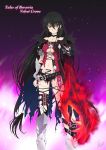  1girl artist_name backlighting belt belt_buckle black_choker black_hair braid breasts buckle cape character_name choker claws commentary_request copyright_name highres long_hair looking_at_viewer navel puma_(hyuma1219) red_shirt revealing_clothes revision shirt signature solo tales_of_(series) tales_of_berseria text torn_clothes velvet_crowe yellow_eyes 