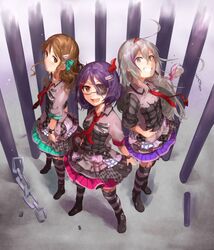  3girls absurdres ahoge blonde_hair blush brown_eyes brown_hair chains eyepatch fang hayasaka_mirei highres hoshi_shouko idolmaster idolmaster_cinderella_girls idolmaster_cinderella_girls_starlight_stage individuals long_hair morikubo_nono multicolored_hair multiple_girls open_mouth purple_hair short_hair smile striped striped_legwear wavy_mouth yuru_mame 