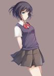  1girl bangs black_hair blue_eyes bow breasts kuzu_no_honkai looking_at_viewer school_uniform short_hair skirt solo yasuraoka_hanabi 