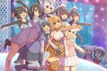  6+girls aisawa_(ais0511) aisawa_natsu alpaca_suri_(kemono_friends) animal_ears backpack bag black_hair blonde_hair blue_eyes bow bowtie brown_eyes brown_hair bucket_hat coat commentary crested_ibis_(kemono_friends) cross-laced_clothes elbow_gloves emperor_penguin_(kemono_friends) eurasian_eagle_owl_(kemono_friends) fennec_(kemono_friends) fox_ears fox_tail fur_collar gentoo_penguin_(kemono_friends) giant_penguin_(kemono_friends) gloves glowstick grey_hair hair_over_one_eye hat hat_feather head_wings headphones high-waist_skirt hood hoodie humboldt_penguin_(kemono_friends) jacket kaban_(kemono_friends) kemono_friends leotard long_hair long_sleeves lucky_beast_(kemono_friends) multicolored_hair multiple_girls northern_white-faced_owl_(kemono_friends) open_mouth pantyhose penguins_performance_project_(kemono_friends) raccoon_(kemono_friends) raccoon_ears raccoon_tail red_eyes red_gloves red_shirt rockhopper_penguin_(kemono_friends) royal_penguin_(kemono_friends) serval_(kemono_friends) serval_ears serval_print shirt short_hair short_sleeves skirt sleeveless sleeveless_shirt smile stage striped_tail tail thigh-highs two-tone_hair white_hair white_legwear white_leotard white_shirt wings yellow_eyes 