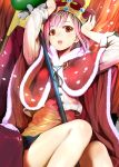  1girl arms_up bare_legs between_legs capelet chair cherry_blossoms commentary_request crown dutch_angle eyebrows_visible_through_hair hair_ornament hairclip highres jacket koharu_yoshino looking_at_viewer mikazuki_akira! open_mouth pink_eyes pink_hair red_eyes sakura_quest short_hair sitting skirt solo staff teeth throne 