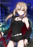 1girl bare_shoulders blonde_hair camisole cityscape dark_excalibur fate/grand_order fate_(series) jacket jewelry necklace night night_sky saber saber_alter shirako_miso short_shorts shorts sky solo sword tank_top weapon yellow_eyes 