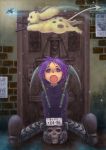  1girl absurdres door dorohedoro ebisu_(dorohedoro) flying highres inukai_tamiyo kikurage_(dorohedoro) looking_up open_mouth purple_hair short_hair sickle sitting skull 