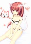  1girl :t animal_ears bangs between_legs black_bow blush bow bow_bra bow_panties bra breasts brown_eyes brown_hair cat cat_ears cat_girl cat_tail cleavage closed_mouth collarbone eyebrows_visible_through_hair hair_between_eyes hand_between_legs heart highres legs_apart long_hair looking_at_viewer medium_breasts navel original panties personification ponytail pout sidelocks simple_background sitting solo strap_slip tail takapii underwear underwear_only white_background white_bra white_panties 