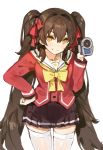  1girl brown_hair camcorder charlotte_(anime) cosplay eyebrows girls_frontline hair_between_eyes hair_ribbon hand_on_hip kishiyo long_hair long_twintails looking_at_viewer orange_eyes personification pleated_skirt qbz-97_(girls_frontline) red_ribbon revision ribbon sakura_ayane school_uniform seiyuu_connection serafuku simple_background skirt smile solo star star_print thigh-highs tomori_nao tomori_nao_(cosplay) twintails very_long_hair white_background white_legwear yellow_eyes zettai_ryouiki 