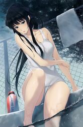  1girl absurdres bare_shoulders black_hair blue_eyes bottle breasts chain-link_fence cleavage collarbone day dutch_angle fence from_below highres innocent_grey kara_no_shoujo_2 kayahara_yukiko large_breasts lips long_hair one-piece_swimsuit outdoors parted_lips ponytail pool poolside scan school_swimsuit sitting soaking_feet solo sugina_miki swimsuit towel underwater water water_bottle wet white_school_swimsuit white_swimsuit 