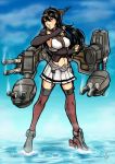  1girl artist_request black_gloves black_hair clouds cloudy_sky commentary day fingerless_gloves full_body gloves gun headgear highres kantai_collection kikumon midriff nagato_(kantai_collection) red_eyes red_legwear sky smoke smoking_gun standing standing_on_liquid thigh-highs turret weapon 