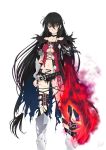  1girl artist_name belt belt_buckle black_choker black_hair braid breasts buckle cape choker claws highres long_hair looking_at_viewer navel puma_(hyuma1219) red_shirt revealing_clothes shirt signature simple_background solo tales_of_(series) tales_of_berseria text torn_clothes velvet_crowe white_background yellow_eyes 