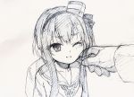  1girl chain_necklace hairband hand_on_another&#039;s_cheek hand_on_another&#039;s_face kantai_collection looking_up monochrome one_eye_closed shirubaburu short_hair_with_long_locks simple_background sketch smile solo_focus stroking_cheek tokitsukaze_(kantai_collection) traditional_media white_background 