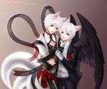  2boys animal_ears aqua_eyes artist_name black_wings blue_eyes character_request claws elsword facial_mark flower fox_ears fox_tail gloves heterochromia highres jewelry male_focus multiple_boys multiple_tails pants ravaniz red_eyes ring rose shiny striped striped_pants tail white_gloves white_hair wings 