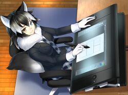  1girl animal_ears blue_eyes chair drawing fur fur_trim gloves grey_wolf_(kemono_friends) heterochromia highres indoors kemono_friends looking_at_viewer looking_up multicolored_hair necktie pleated_skirt ryou@ryou sitting skirt smile stylus tablet tablet_pc tail two-tone_hair wolf_ears wolf_tail wooden_floor yellow_eyes 