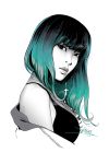  1girl breasts green_hair grey_hair greyscale idol jeon_ji-yoon jewelry k-pop lips long_hair looking_at_viewer medium_breasts mike_nesbitt monochrome multicolored_hair necklace nose pearl_necklace real_life solo spot_color two-tone_hair upper_body 
