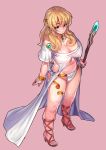  1girl absurdres aqua_eyes bare_shoulders belly blonde_hair breasts bridal_gauntlets cleavage eyebrows_visible_through_hair fengmo high_heels highres jewelry large_breasts looking_at_viewer necklace original pink_background pointy_ears simple_background solo staff thighs toes 