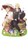  &gt;_&lt; 1boy 1girl black_choker black_coat black_hairband black_pants blonde_hair blue_eyes boots bow brother_and_sister brown_boots brown_gloves cherry closed_eyes cracker dress eating edna_(tales) eizen_(tales) flower food fruit full_body gloves green_bow green_ribbon hair_bow hair_ribbon hairband highres kllsiren leg_ribbon miniskirt normin_(tales) pants plate rabbit ribbon short_hair siblings side_ponytail single_glove single_shoe sitting skirt smile squirrel tales_of_(series) tales_of_berseria tales_of_zestiria tress_ribbon umbrella white_background white_dress 