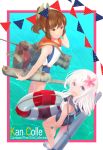 2girls ako_(opelia) blonde_hair blue_eyes brown_eyes brown_hair copyright_name crop_top flower from_behind hair_flower hair_ornament hairclip highres i-401_(kantai_collection) kantai_collection lifebuoy long_hair looking_at_viewer machinery multiple_girls one-piece_swimsuit one-piece_tan open_mouth orange_sailor_collar ponytail ro-500_(kantai_collection) sailor_collar sandals school_swimsuit short_ponytail string_of_flags swimsuit swimsuit_under_clothes tan tanline torpedo 