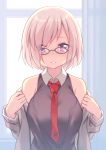  1girl black-framed_eyewear eyes_visible_through_hair fate_(series) glasses hair_over_one_eye off_shoulder removing_jacket shielder_(fate/grand_order) short_hair solo ureshiijelek violet_eyes white_hair 