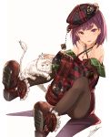  absurdres bare_shoulders boots breasts brown_legwear cabbie_hat camisole casual cat cleavage contemporary criss-cross_halter eyebrows_visible_through_hair fate/grand_order fate_(series) halterneck hat helena_blavatsky_(fate/grand_order) highres jacket jewelry legs_up looking_at_viewer necklace off_shoulder pantyhose purple_hair short_hair simple_background small_breasts smile violet_eyes white_background yatsuka_(846) 