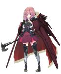  1girl absurdres asymmetrical_bangs bangs blush brown_skirt eyebrows_visible_through_hair full_body hand_up highres holding_axe little_red_riding_hood_(grimm) looking_at_viewer mecha_musume oota_youjo open_mouth original pink_hair red_eyes ribbed_legwear science_fiction simple_background skirt solo standing tears teeth thigh-highs tomahawk wavy_hair wavy_mouth white_background zettai_ryouiki 