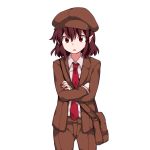  1girl :o bag blazer brown_blazer brown_hair brown_hat brown_shorts cabbie_hat collared_shirt crossed_arms d: flat_chest forbidden_scrollery hammer_(sunset_beach) hat highres jacket looking_at_viewer necktie no_wings open_mouth pointy_ears red_eyes shameimaru_aya shirt short_hair shorts shoulder_bag solo surprised tie_clip touhou wide-eyed 