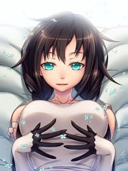  2015 bare_shoulders breasts brown_hair dated fingers_together green_eyes lying medium_breasts on_back upper_body utau xia_yu_yao zerg309 