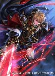 1boy aless_(fire_emblem) armor armored_boots blonde_hair boots brown_eyes cape clover_k company_connection copyright_name detached_sleeves fire_emblem fire_emblem:_seisen_no_keifu fire_emblem_cipher gloves glowing glowing_weapon holding holding_weapon male_focus night night_sky official_art open_mouth riding short_hair sky sword weapon 