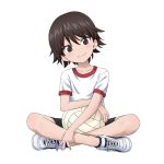  1girl absurdres bike_shorts black_shorts brown_eyes brown_hair commentary_request girls_und_panzer gym_shirt gym_uniform highres isobe_noriko laika_(sputnik2nd) shirt shoes short_hair short_sleeves shorts sneakers solo t-shirt volleyball white_background white_shirt 