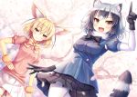  2girls akashio_(loli_ace) animal_ears bangs black_bow black_bowtie black_gloves black_skirt blonde_hair bow bowtie brown_eyes elbow_gloves fang fennec_(kemono_friends) fox_ears fur_collar gloves index_finger_raised jacket kemono_friends looking_at_viewer miniskirt multiple_girls open_mouth outdoors pantyhose petals pleated_skirt puffy_short_sleeves puffy_sleeves raccoon_(kemono_friends) raccoon_ears raccoon_tail short_hair short_sleeves silver_hair skirt smile tail tree white_legwear white_skirt yellow_bow yellow_bowtie yellow_eyes yellow_gloves yellow_legwear 