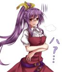  1girl absurdres amagi_(amagi626) belt breasts collared_shirt disgust dress hair_ribbon hand_on_own_elbow highres long_ponytail medium_breasts open_mouth puffy_short_sleeves puffy_sleeves purple_hair red_dress red_eyes ribbon shaded_face shirt short_sleeves sidelocks simple_background solo touhou watatsuki_no_yorihime white_background white_shirt 