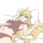  1girl ahoge blonde_hair blue_eyes camisole flat_color hair_in_mouth hand_on_own_stomach highres looking_at_viewer lying original sketch solo sorakujira_(pixiv) underwear 