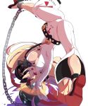1girl ankh anklet ass ball_and_chain blonde_hair bodysuit breasts chains erect_nipples full_body guilty_gear guilty_gear_xrd halo handstand highres infraton jack-o_(guilty_gear) jewelry large_breasts long_hair multicolored_hair red_eyes redhead shoes solo split two-tone_hair under_boob upside-down