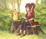  1girl apple baseball_cap blurry brown_hair bush cropped_jacket day depth_of_field female_protagonist_(pokemon_go) fingerless_gloves food forest fruit full_body gloves grass hair_between_eyes hat hat_removed headwear_removed leggings long_hair looking_at_another nature okakan outdoors pikachu plant pokemon pokemon_(creature) pokemon_go ponytail red_shirt revision shirt sitting smile tree tree_stump 