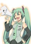  1girl ^_^ aqua_hair closed_eyes detached_sleeves facing_viewer hand_on_hip hatsune_miku long_hair megaphone necktie open_mouth smile solo sorakujira_(pixiv) twintails very_long_hair vocaloid 