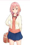  1girl absurdres bag bangs blue_skirt cowboy_shot hair_ornament hairclip hand_on_hip handbag highres jacket koharu_yoshino looking_at_viewer miniskirt open_clothes open_jacket pink_eyes pink_hair s-goon sakura_quest short_hair skirt white_background 