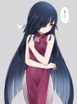  1girl alternate_costume black_hair brown_eyes china_dress chinese_clothes dress hair_over_one_eye hayashimo_(kantai_collection) ica kantai_collection long_hair looking_away pantyhose solo translated very_long_hair 