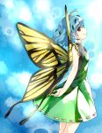  1girl antennae bangs bare_arms blue_hair blue_sky breasts butterfly_wings cheunes dress eternity_larva from_side green_dress hair_ornament highres leaf leaf_hair_ornament profile red_eyes short_hair sky sleeveless sleeveless_dress small_breasts smile solo sparkle touhou wings 