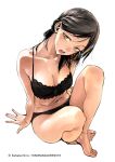  1girl anklet artist_name barefoot black_bra black_hair black_panties bra breasts copyright earrings head_tilt highres ikuhana_niiro jewelry lace-trimmed_bra lace-trimmed_panties lace_trim long_hair looking_at_viewer medium_breasts mole mole_under_eye navel open_mouth panties photoshop_(medium) ring simple_background solo underwear underwear_only white_background yellow_eyes 