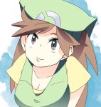  1girl apron bandanna bangs breasts brown_eyes brown_hair cleavage closed_mouth collarbone eyelashes facing_viewer green_apron green_bandana leaning_forward lips long_hair looking_away looking_up matsumoto_waka medium_breasts npc npc_trainer parted_bangs poke_ball_theme pokemon pokemon_(game) pokemon_breeder_(pokemon) pokemon_xy shirt short_sleeves smile solo tareme upper_body v_arms yellow_shirt 