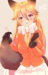  1girl :3 animal_ears black_gloves black_hair blazer blonde_hair breasts brown_background chita_(ketchup) ezo_red_fox_(kemono_friends) fox_ears fox_girl fox_tail gloves gradient_hair hair_between_eyes heart highlights holding_tail jacket jpeg_artifacts kemono_friends large_breasts long_hair looking_at_viewer multicolored_hair necktie open_mouth orange_jacket pleated_skirt signature simple_background skirt solo tail triangle_mouth twitter_username upper_body violet_eyes white_skirt yellow_necktie 