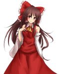  1girl absurdres amagi_(amagi626) ascot bangs blush bow brown_hair detached_sleeves frilled_bow frills hair_bow hair_tubes hakurei_reimu hand_up head_tilt highres long_hair long_skirt red_eyes red_shirt red_skirt reflective_eyes ribbon-trimmed_sleeves ribbon_trim shirt simple_background skirt sleeveless sleeveless_shirt solo touhou very_long_hair white_background wide_sleeves 