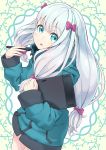  1girl absurdres bangs blue_eyes bow ero_manga_sensei eromanga_sensei eyebrows_visible_through_hair hair_bow highres izumi_sagiri jacket long_hair looking_at_viewer murasakijazi silver_hair solo stylus tablet 