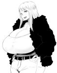  1girl belt breasts cleavage denim freckles fur_coat gigantic_breasts jeans long_hair monochrome nuezou pants simple_background smile solo white_background 