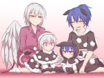  4girls ^_^ animal_costume animal_ears blue_hair blush child closed_eyes couple doremy_sweet dress hat if_they_mated kishin_sagume kuroba_rapid mother_and_daughter multiple_girls nightcap no_hat no_headwear pink_background pom_pom_(clothes) ponytail purple_dress red_eyes silver_hair sitting smile socks tail tapir_ears tapir_tail touhou wings yuri 