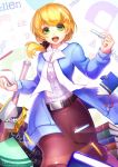  1girl :d artist_name ball bare_legs baseball baseball_bat belt belt_buckle blonde_hair blue_jacket blurry blush book_stack bow bowtie brown_skirt buckle buttons chalk character_name depth_of_field dress_shirt ellen_baker glint green_eyes hair_ornament hair_over_shoulder hair_scrunchie highres holding holding_ball jacket looking_at_viewer low_ponytail new_horizon open_clothes open_jacket open_mouth pencil pencil_skirt revision round_teeth running scrunchie shirt skirt smile solo tareme teacher teeth un_s watermark web_address white_bow white_bowtie white_shirt 