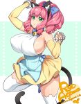  1girl agawa_ryou animal_ears arm_up bare_shoulders breasts cat_ears cat_tail green_eyes hair_bo huge_breasts long_hair looking_at_viewer parted_lips pink_hair sideboob solo tail thighs 